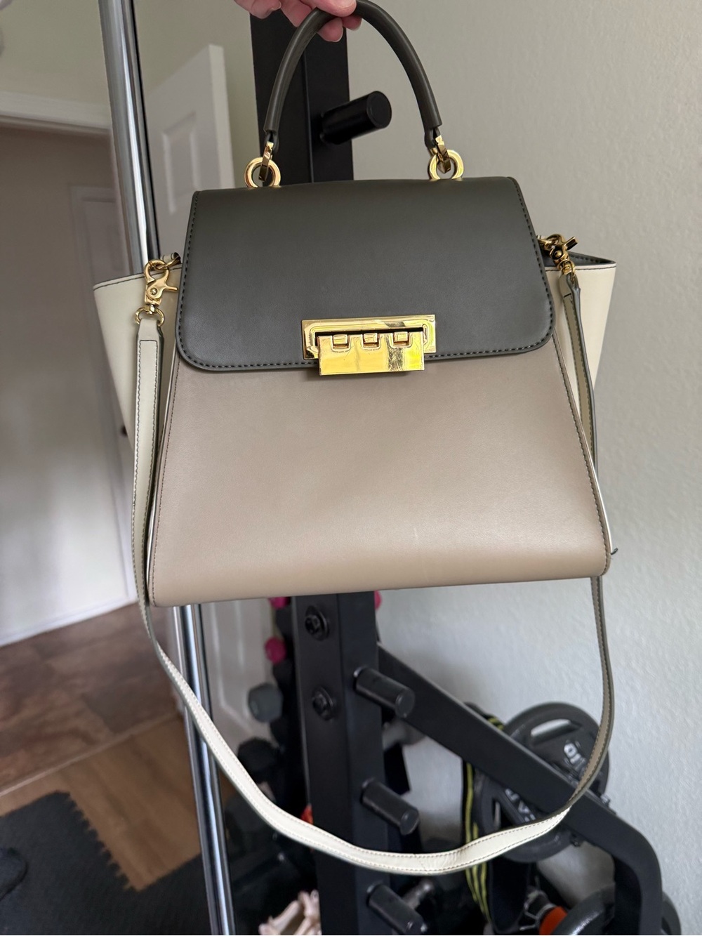 Zac Posen Tricolor Leather Top-Handle Bag - Olive, Taupe & Cream